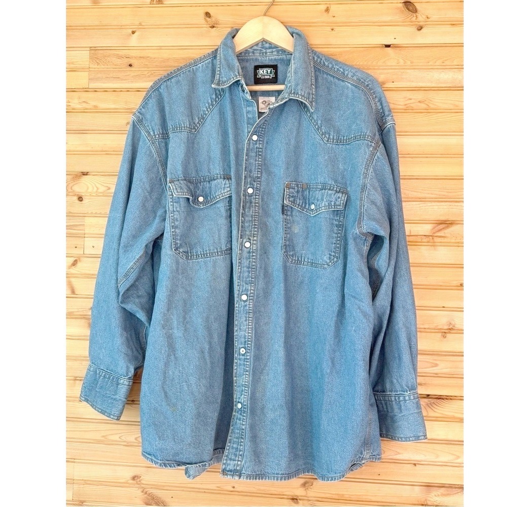 Key Denim Button-Up Shirt Blue 2XL Pearl Buttons Classic Coastal Western